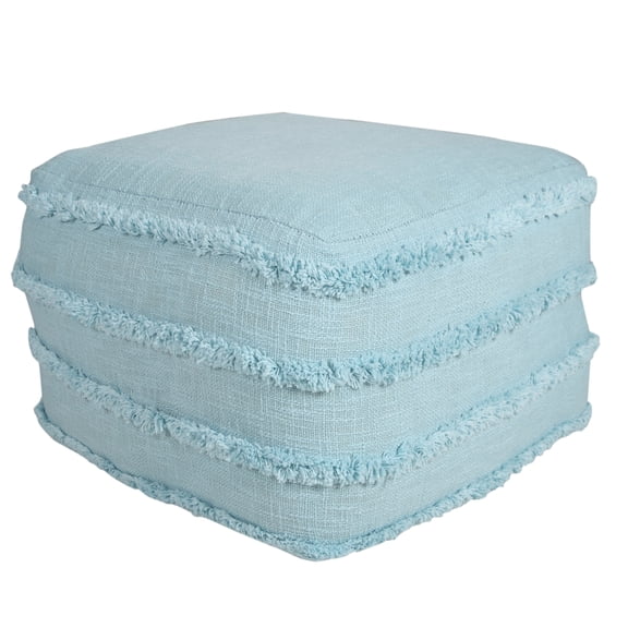 LR Home Small Fringe Striped Indoor Square Pouf, Bright Blue, 18" x 18" x 14"