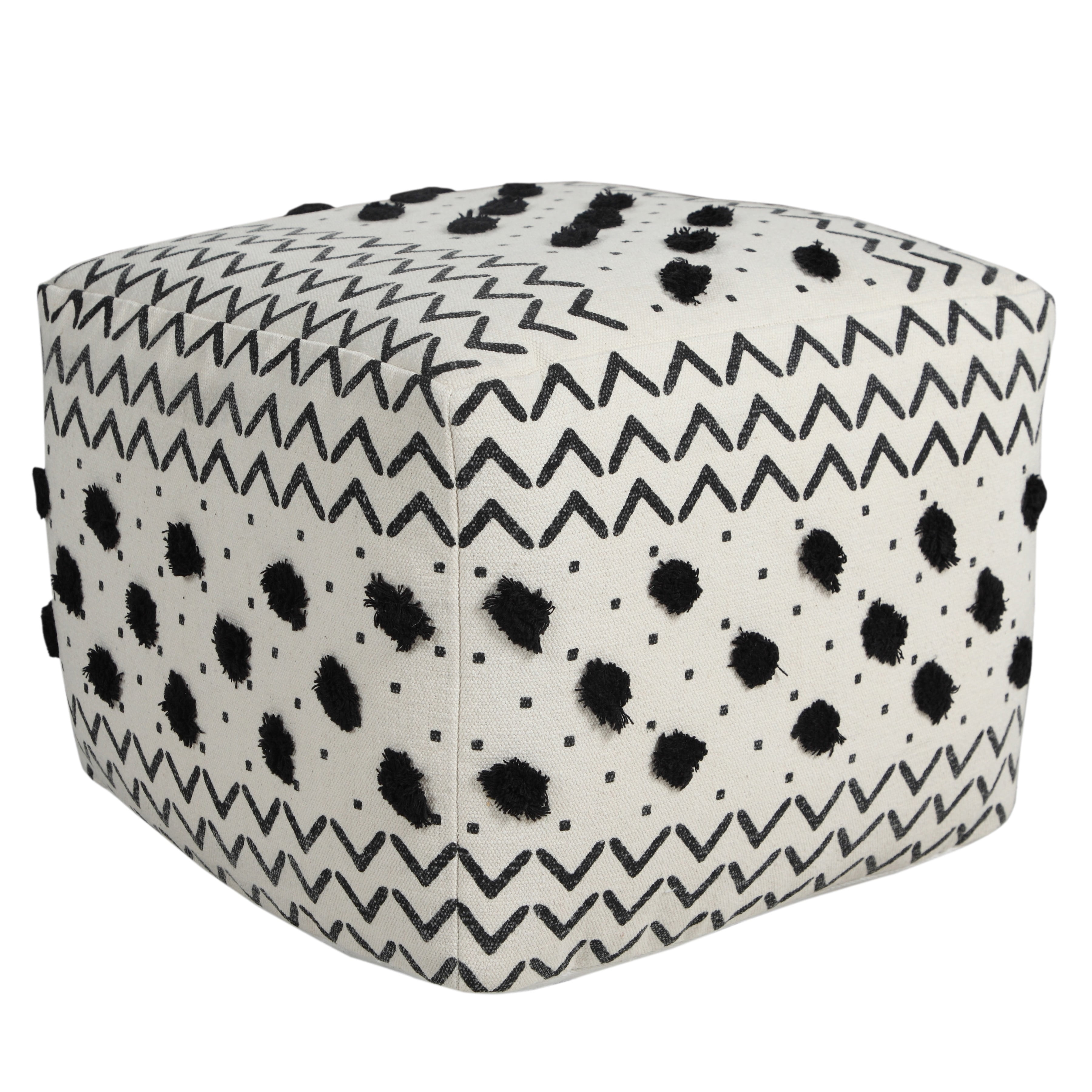 White and Black Geometric Tufted Cotton Square Pouf Ottoman