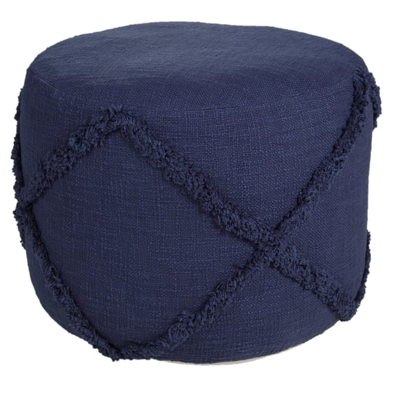 LR Home Small Over-tufted Diamond Indoor Round Pouf, Navy Blue, 18" x 18" x 14"