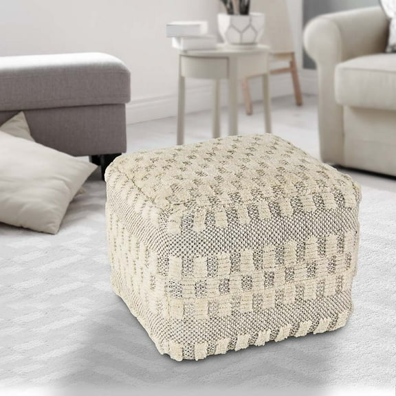 LR Home Small Over-tufted Geometric Indoor Square Pouf, Cream, 18" x 18" x 14"