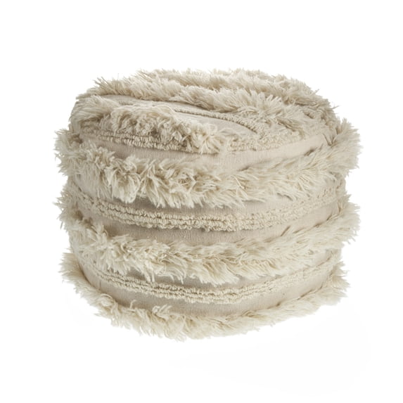 LR Home Alice Round Ivory Striped Shag Indoor Small Pouf Ottoman, 14" H x 18" W