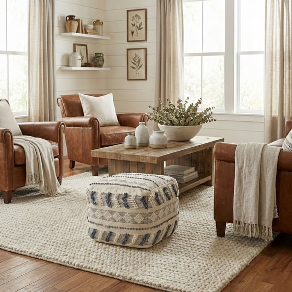 LR Home Small Over-tufted Striped Indoor Square Pouf, Navy/Ivory, 18" x 18" x 14"