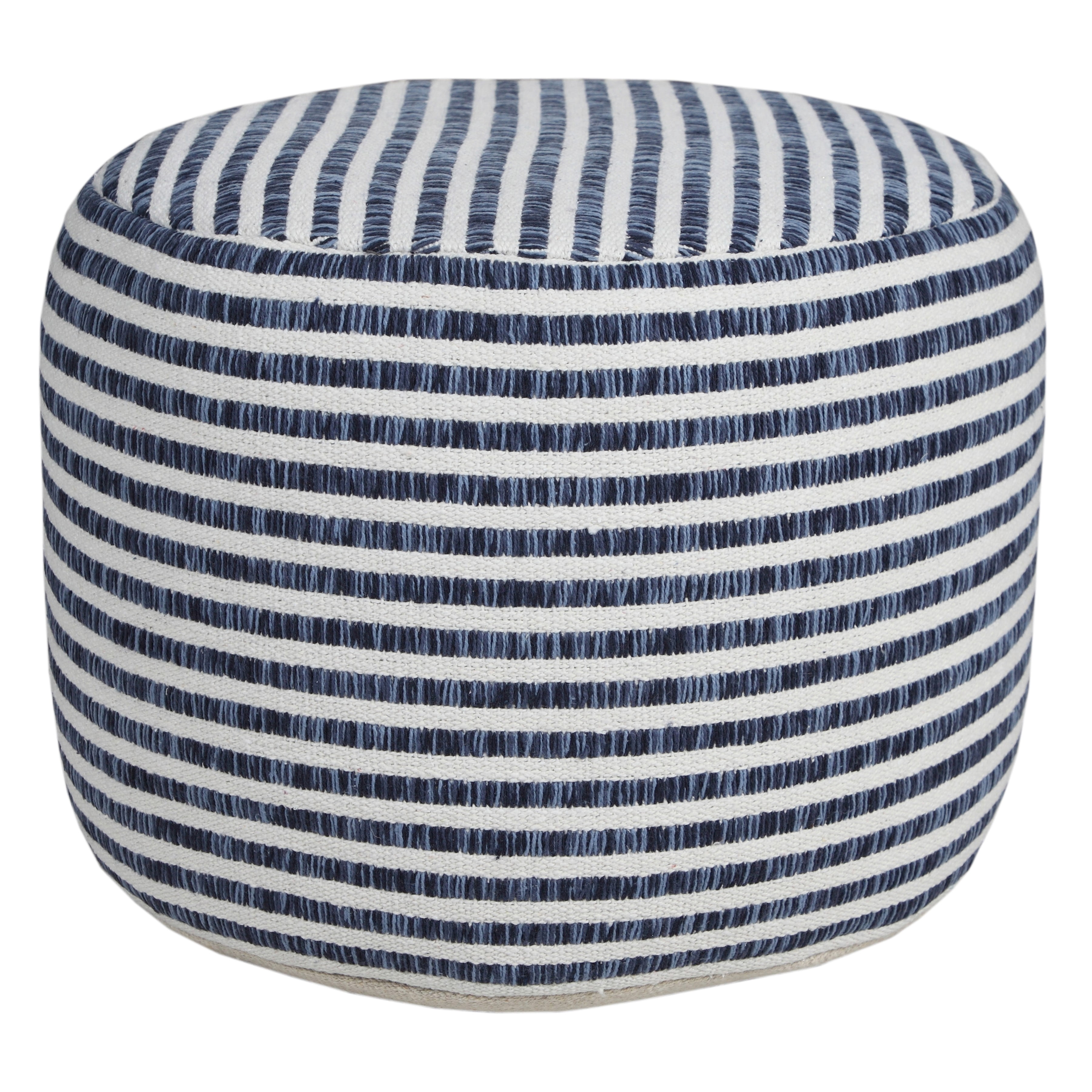 LR Home Oakley Round Blue/White Striped Indoor Small Pouf Ottoman, 14" H x 18" W