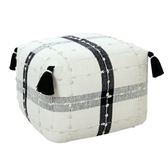 LR Home Small Tassels Striped Indoor Square Pouf, Black/Ivory, 18" x 18" x 14"
