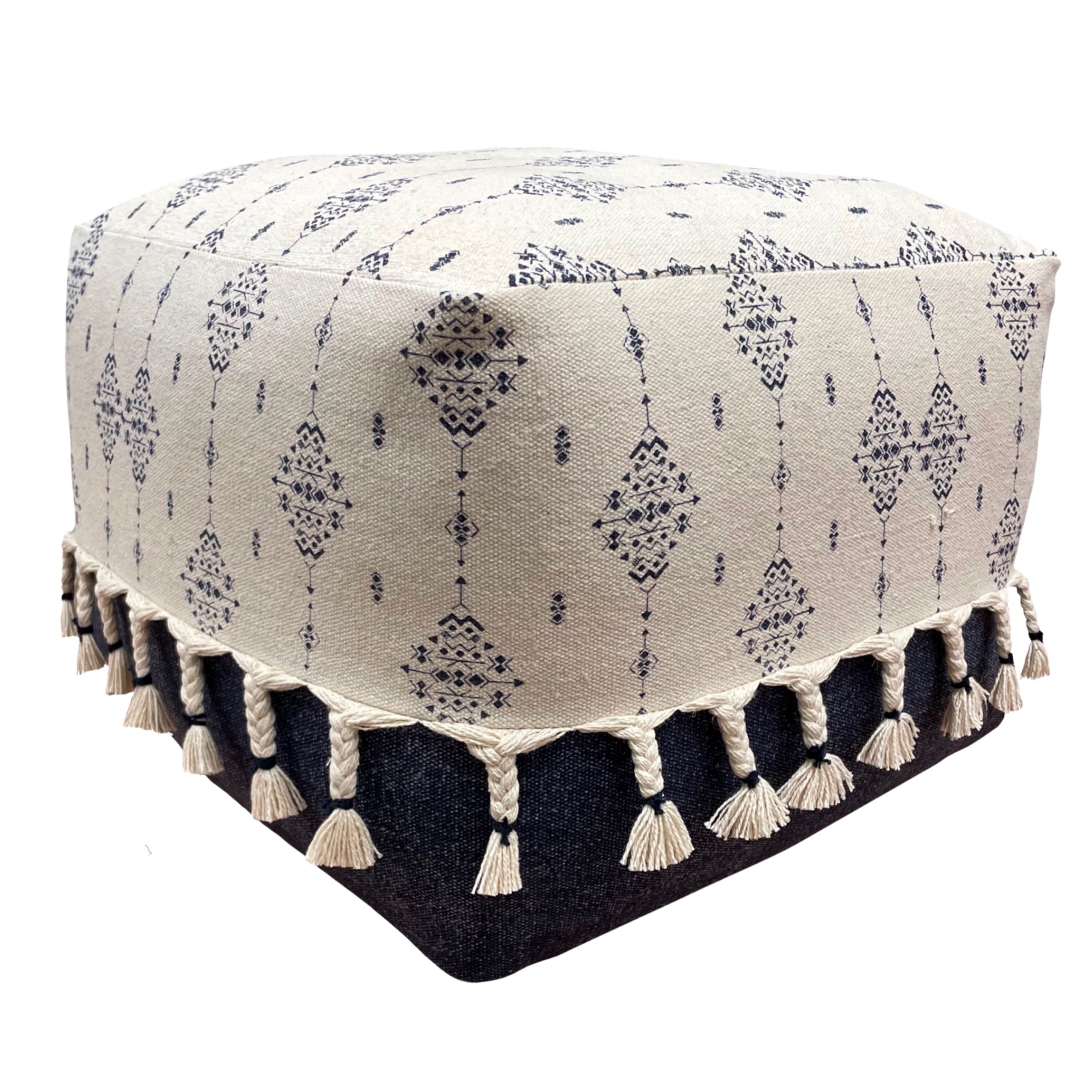 LR Home Small Tassels Tribal Indoor Square Pouf, Navy/Ivory, 18" x 18" x 14"