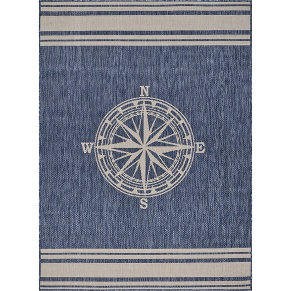 LR Home Sophie 5'3" x 7' Navy/White Nautical Compass Indoor/Outdoor Performance Area Rug