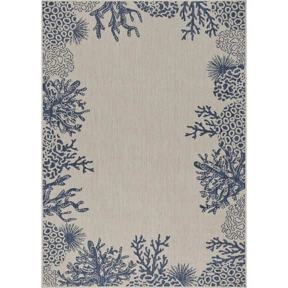 LR Home Sophie 5'3" x 7' White/Navy Coral Bordered Indoor/Outdoor Performance Area Rug