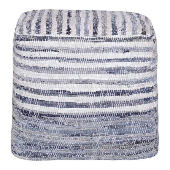LR Home Andros Cotton Indoor Pouf in Blue/White, 18" x 18" x 18"