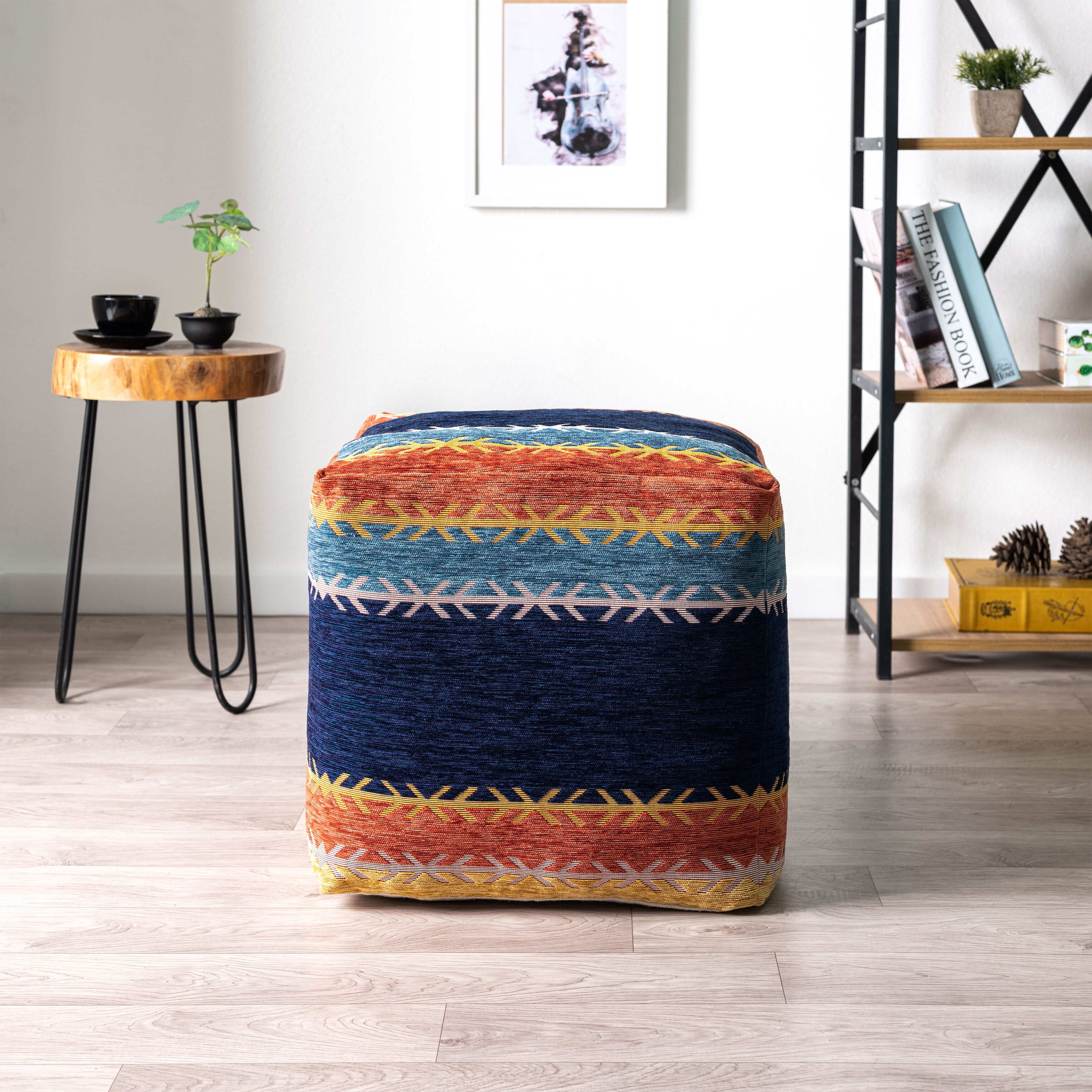 Multicolor Velvet Square Pouf with Transitional Design, 18"x18"x18"