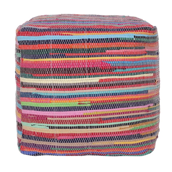 LR Home Square Whimsical Rainbow Recycled Chindi Medium-Sized Indoor Pouf, 18"x18"x18"