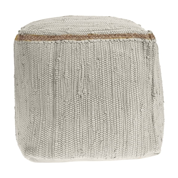 LR Home Square White Braided Cotton and Jute Pouf Ottoman, 18" H x 18" W