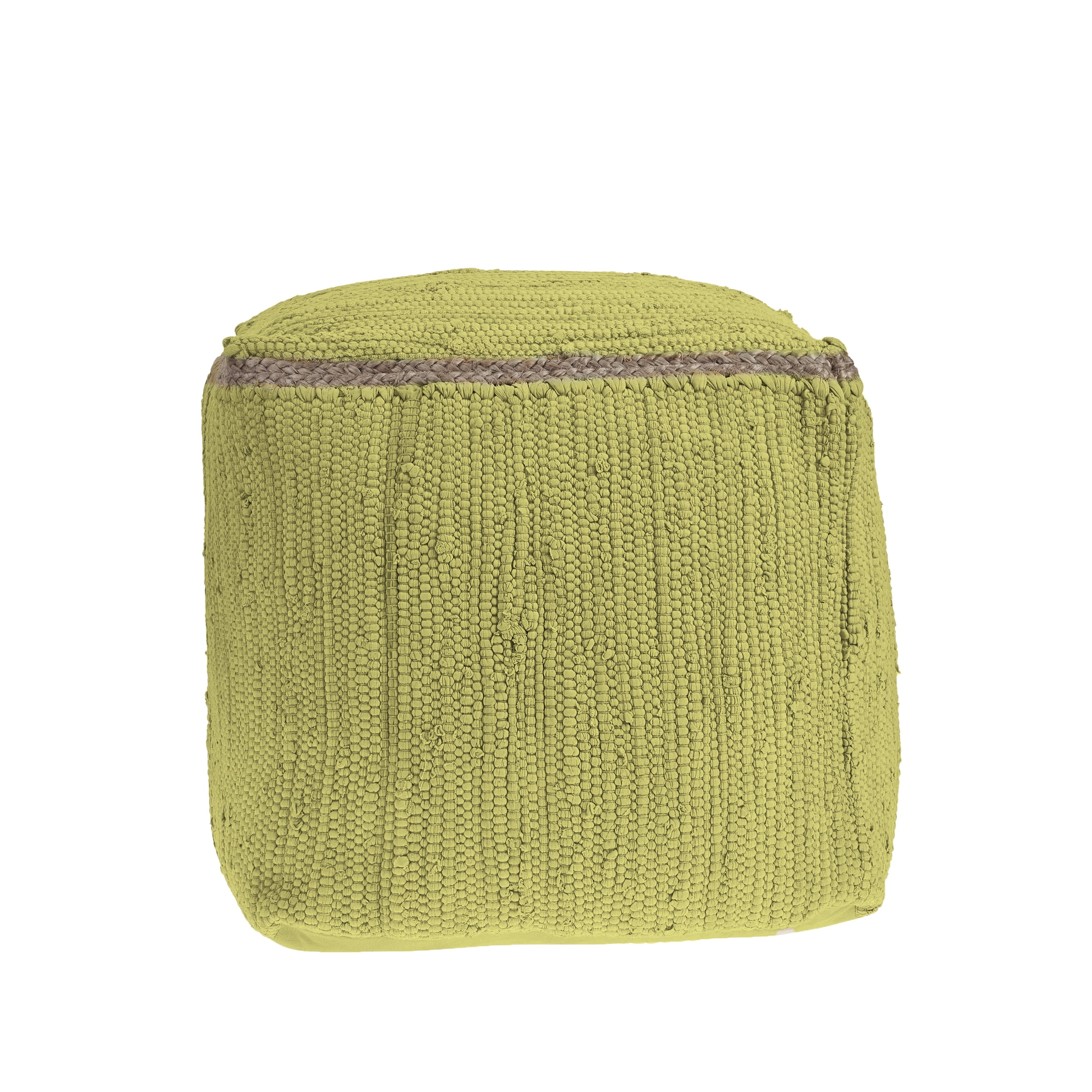 Square Yellow Cotton and Jute Braided Pouf Ottoman, 18"