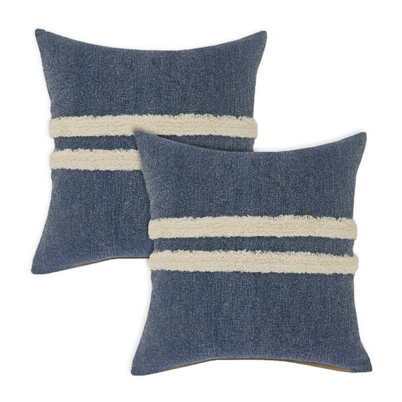 LR Home Sariyah Set of 2 Dusty Blue/White Shag Striped Over-tufted Cotton Adult Decorative Throw Pillow