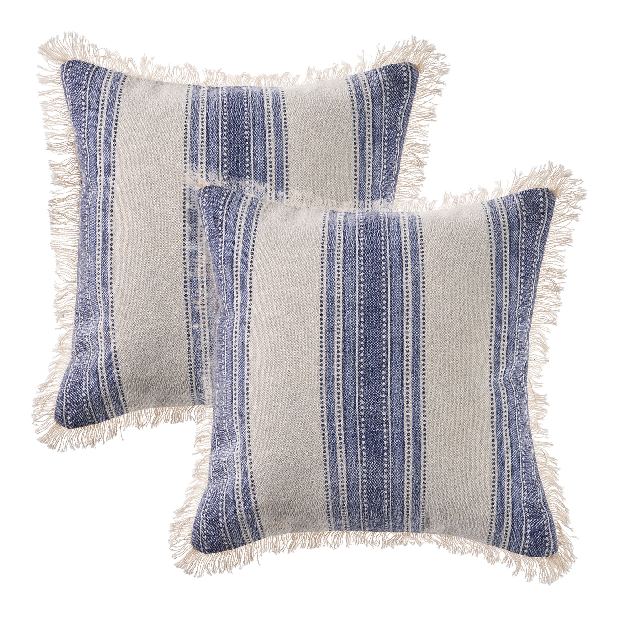 Navy and Ivory Striped Cotton Throw Pillow Set with Fringe
