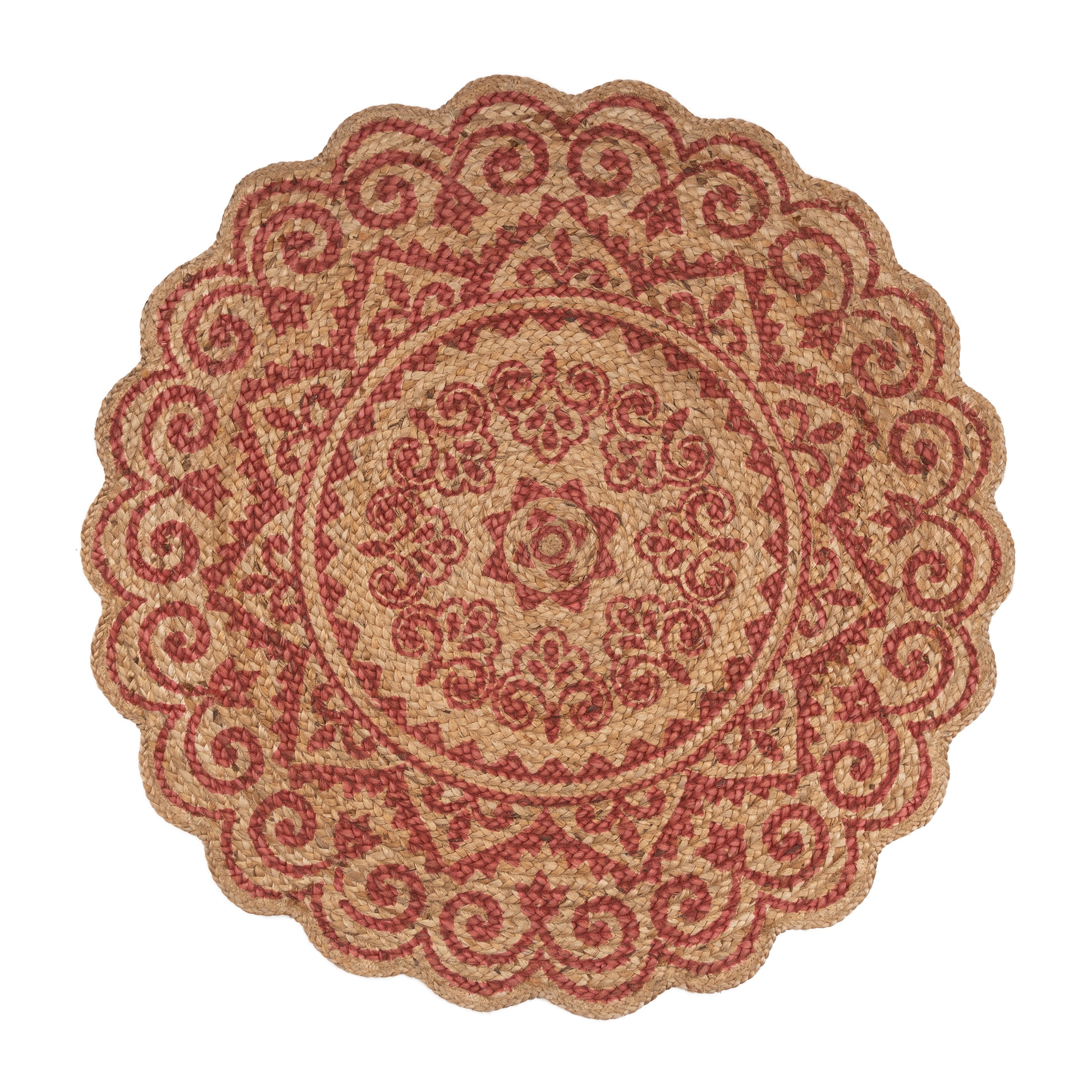 LR Home Synergy Medallion Mandala Jute Area Rug, Tan / Red, 4' Round