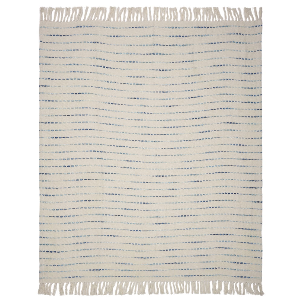 Cream and Blue Cotton Reversible Throw Blanket, 50" x 60"