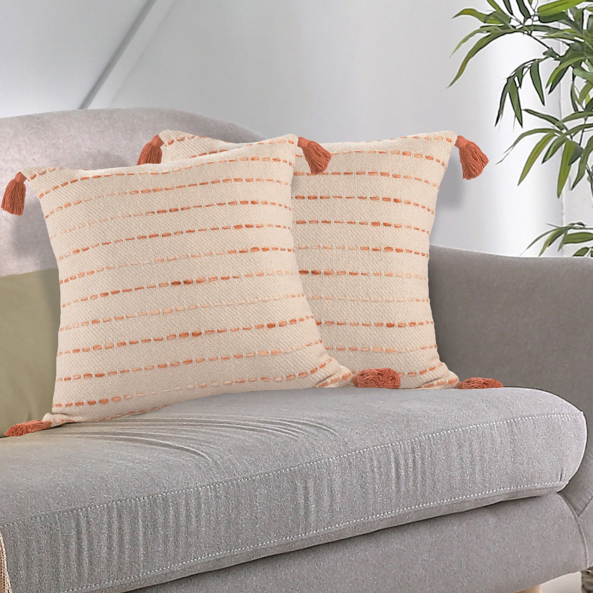 Laddha Home Designs Handwoven Reversible Striped Throw Pillow - 20" - Beige and Orange - Set of 2