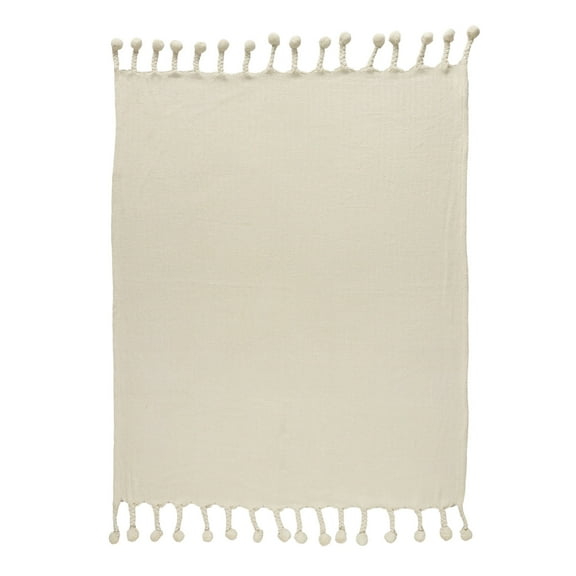 LR Home Varial Cream Chevron Braided Pom-pom Cotton Throw Blanket, 50" x 60"