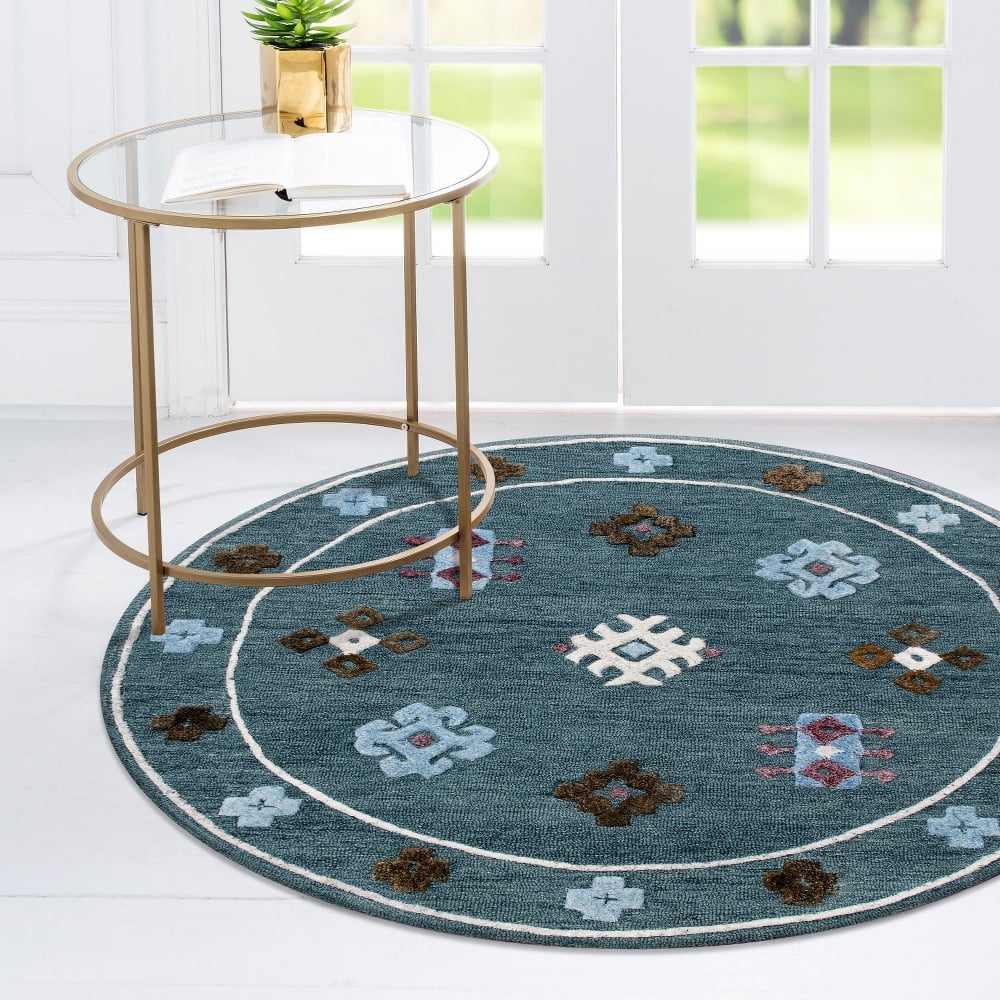 Handmade Geometric Blue Wool Round Area Rug, 5' Diameter