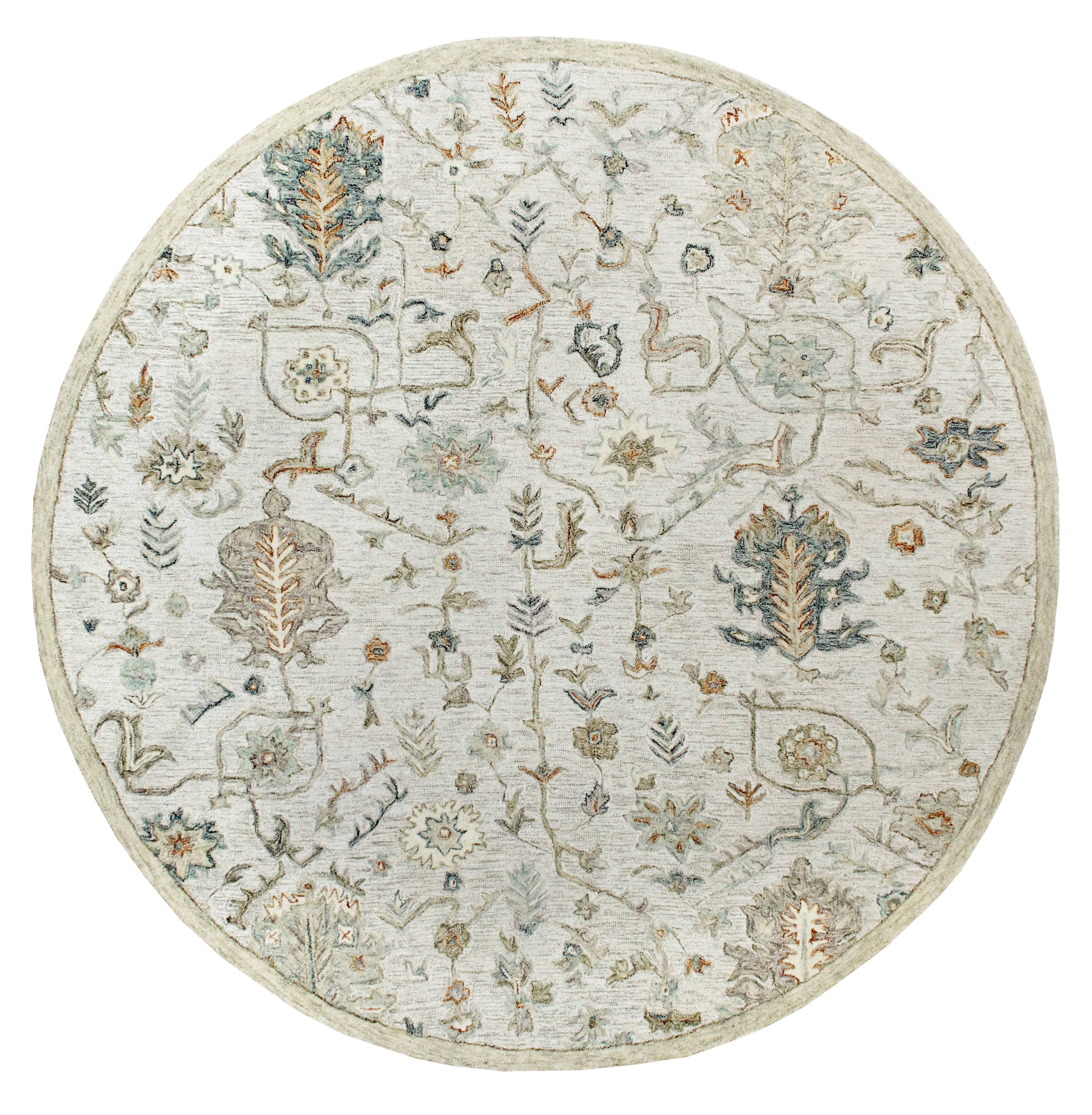 LR Home Viane Axle Cream/Taupe Vintage Floral Wool Round Rug, 8'6" Round