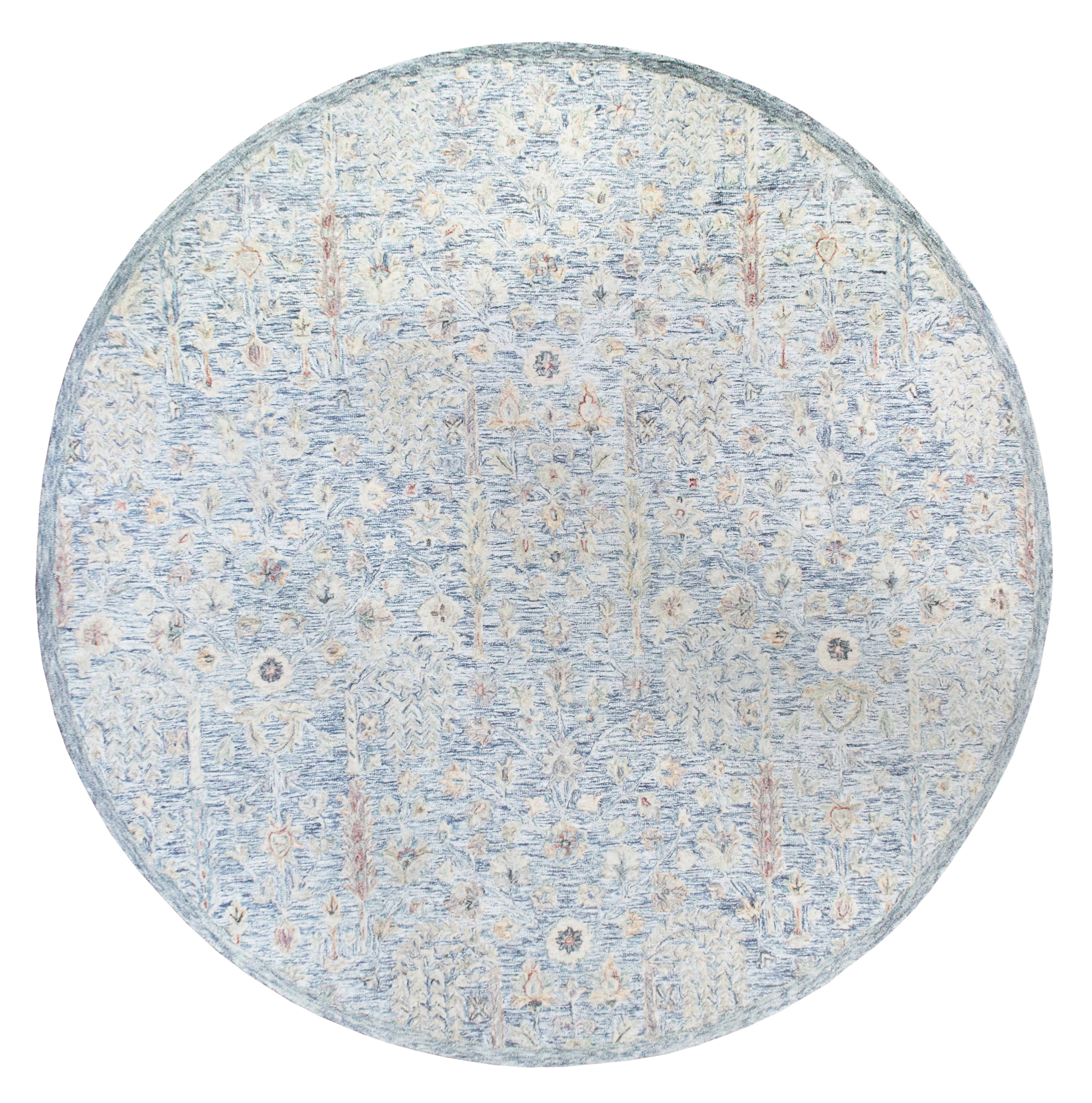LR Home Viane Blythe Blue/Taupe Vintage Floral Wool Round Rug, 8'6" Round