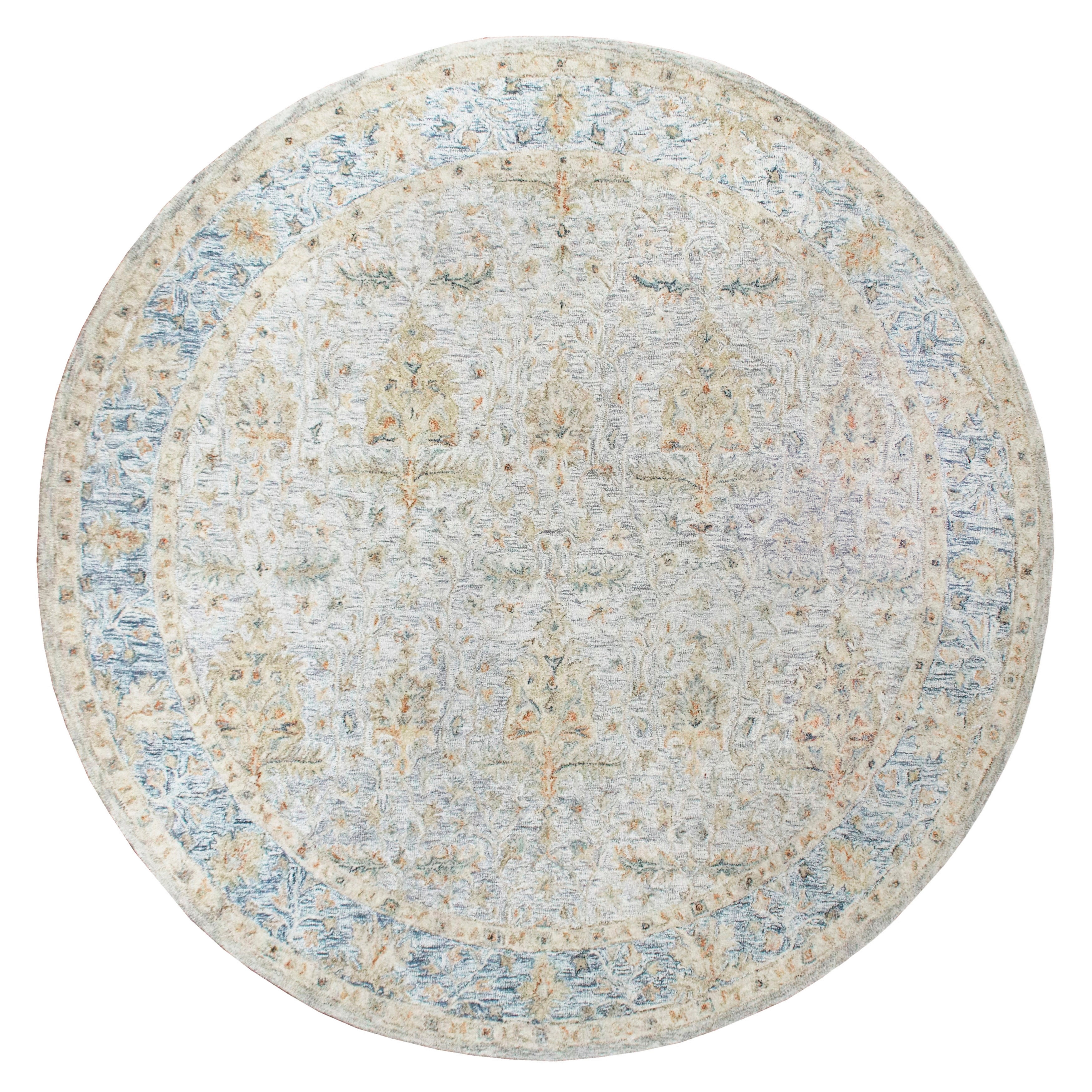 LR Home Viane Credo Blue/Taupe Vintage Floral Wool Round Rug, 8'6" Round