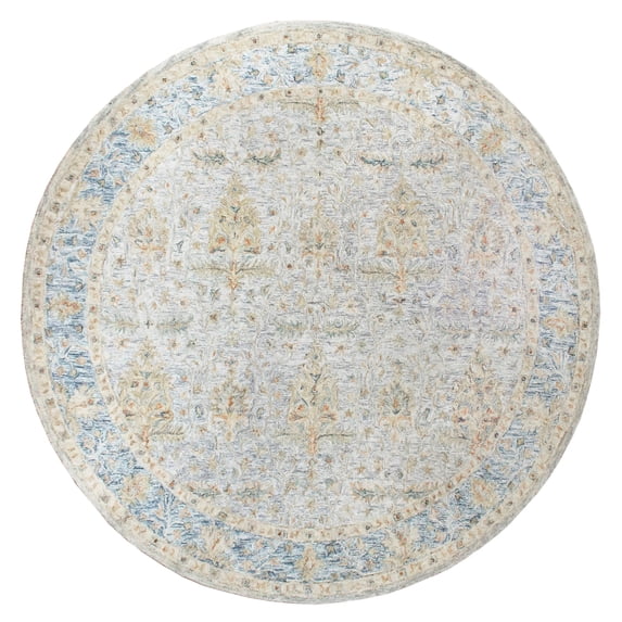 LR Home Viane Credo Blue/Taupe Vintage Floral Wool Round Rug, 8'6" Round