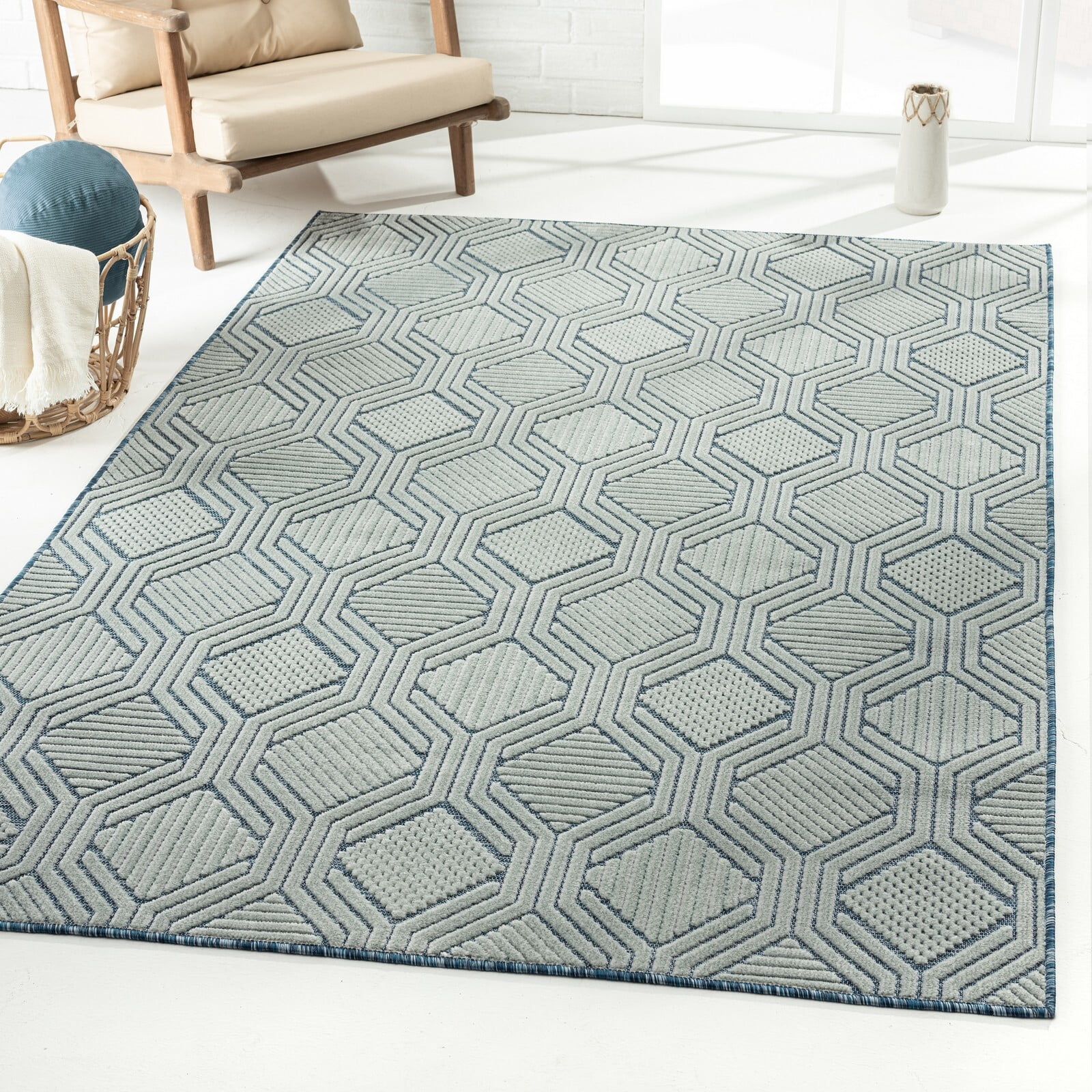 Reversible Rectangular 8' x 10' Blue Geometric Synthetic Area Rug