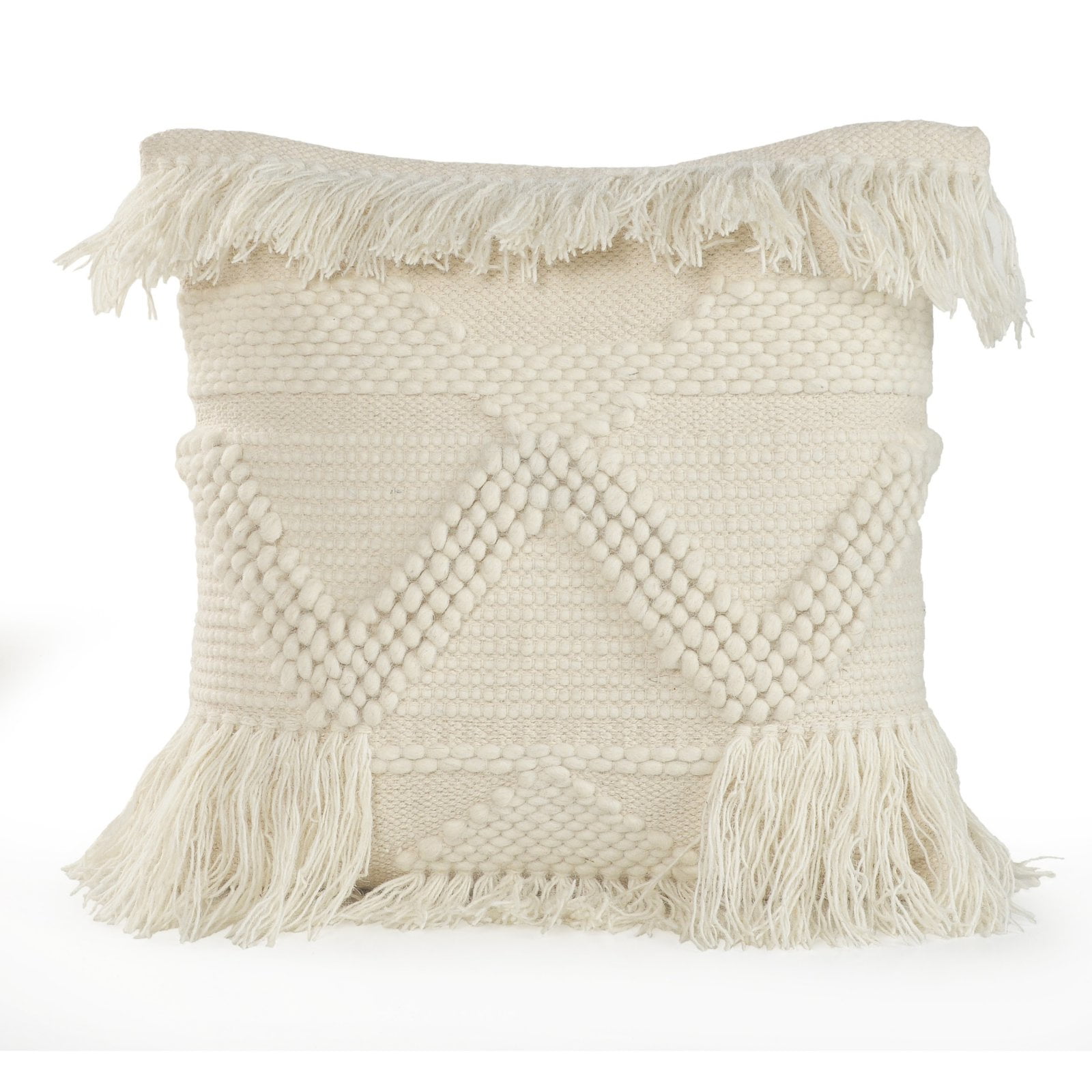 Ivory Embroidered Square Throw Pillow with Fringe