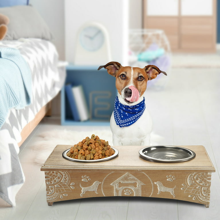 LR Home Wood Elevated Double Pet Feeder with Engraved Mandalas and Dogs,  19 x 9 x 5, Brown / White