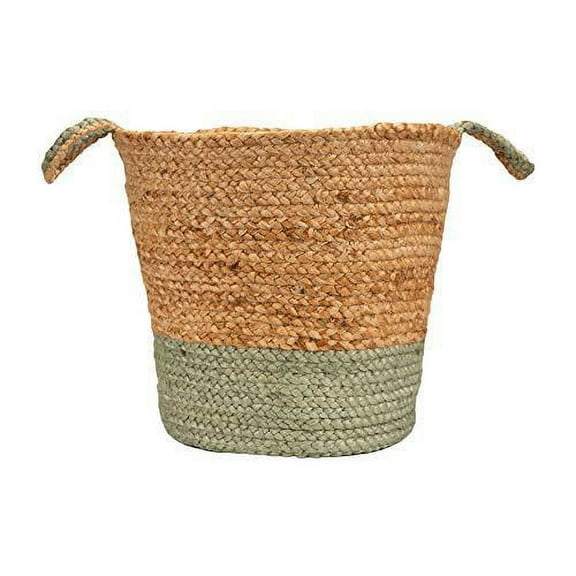 LR Home Woven Round Jute 15" Storage Basket with Handles, Natural/Seafoam Stripe