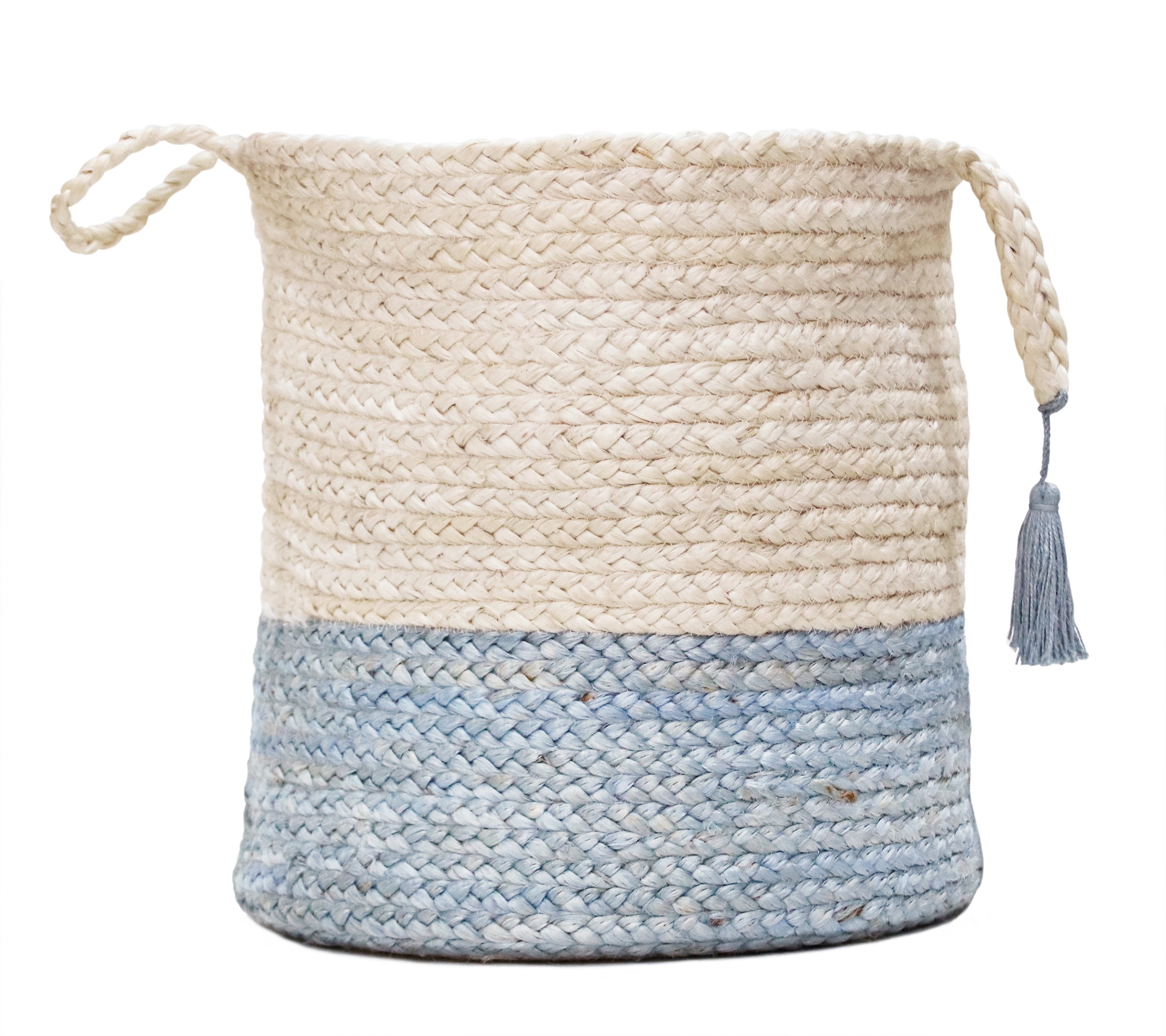 LR Home Woven Round Jute 17" Storage Basket with Handles, Blue/White Stripe