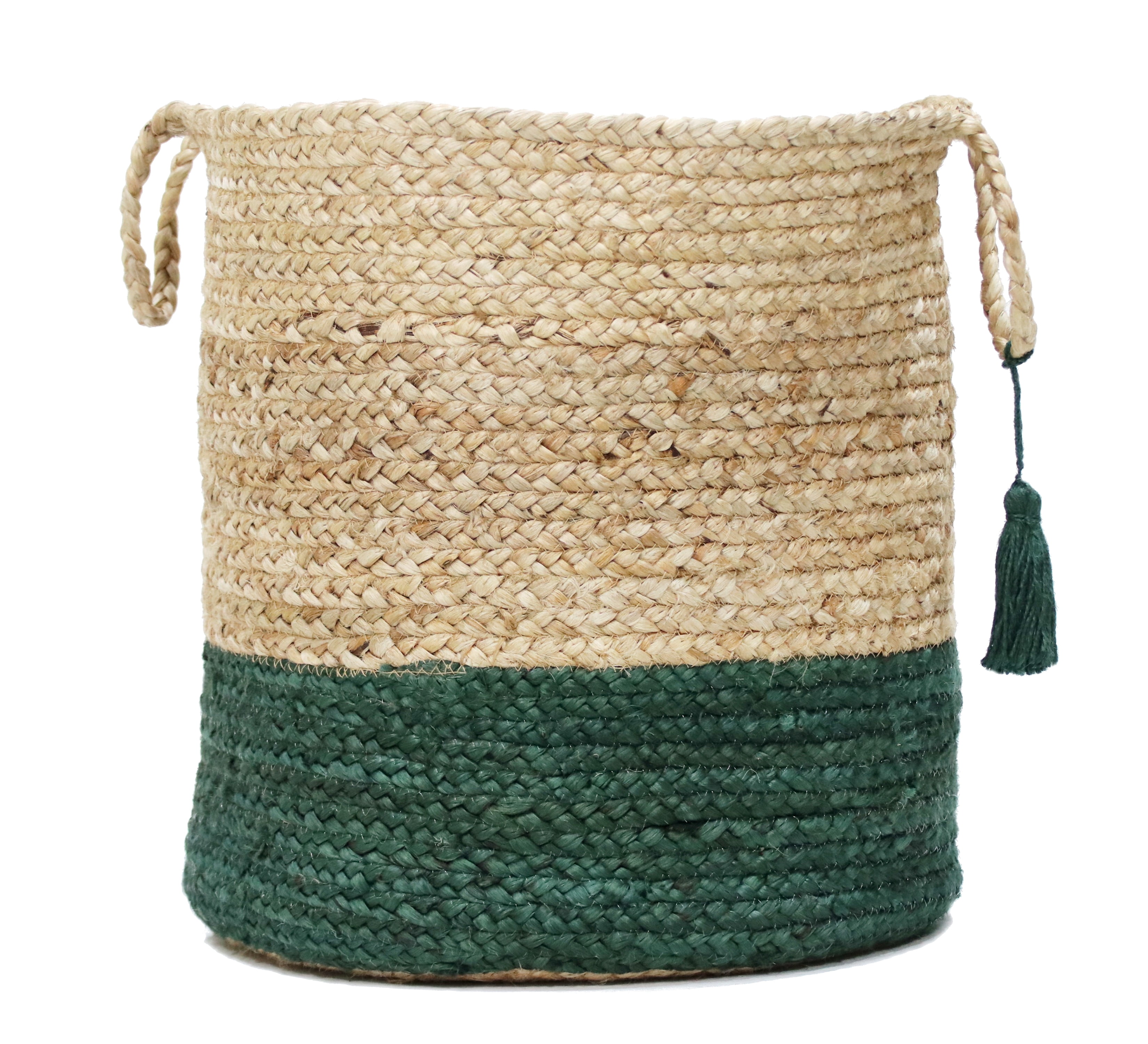Handmade Round Natural Jute Storage Basket with Green Stripe