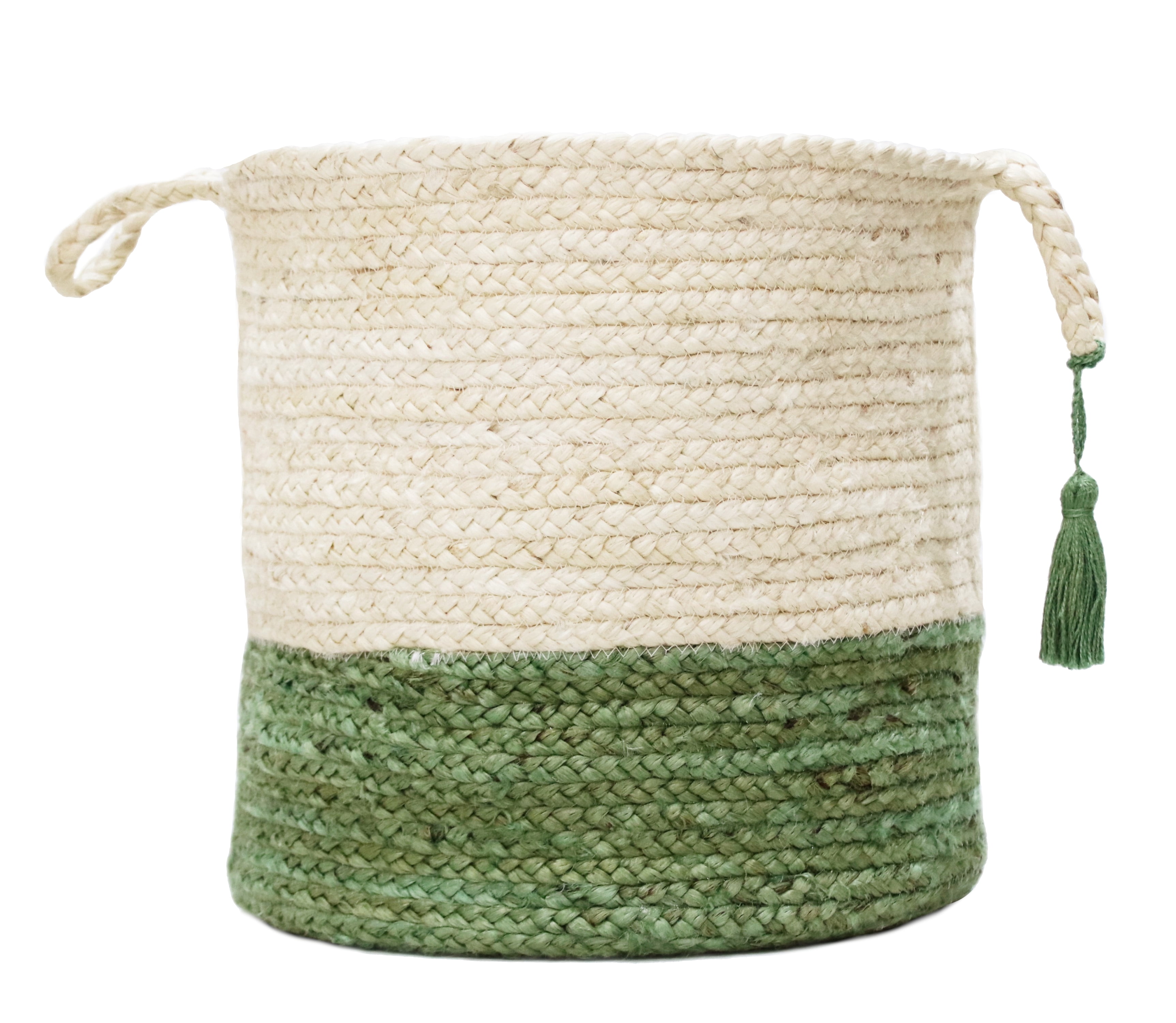 LR Home Woven Round Jute 17" Storage Basket with Handles, Green/White Stripe