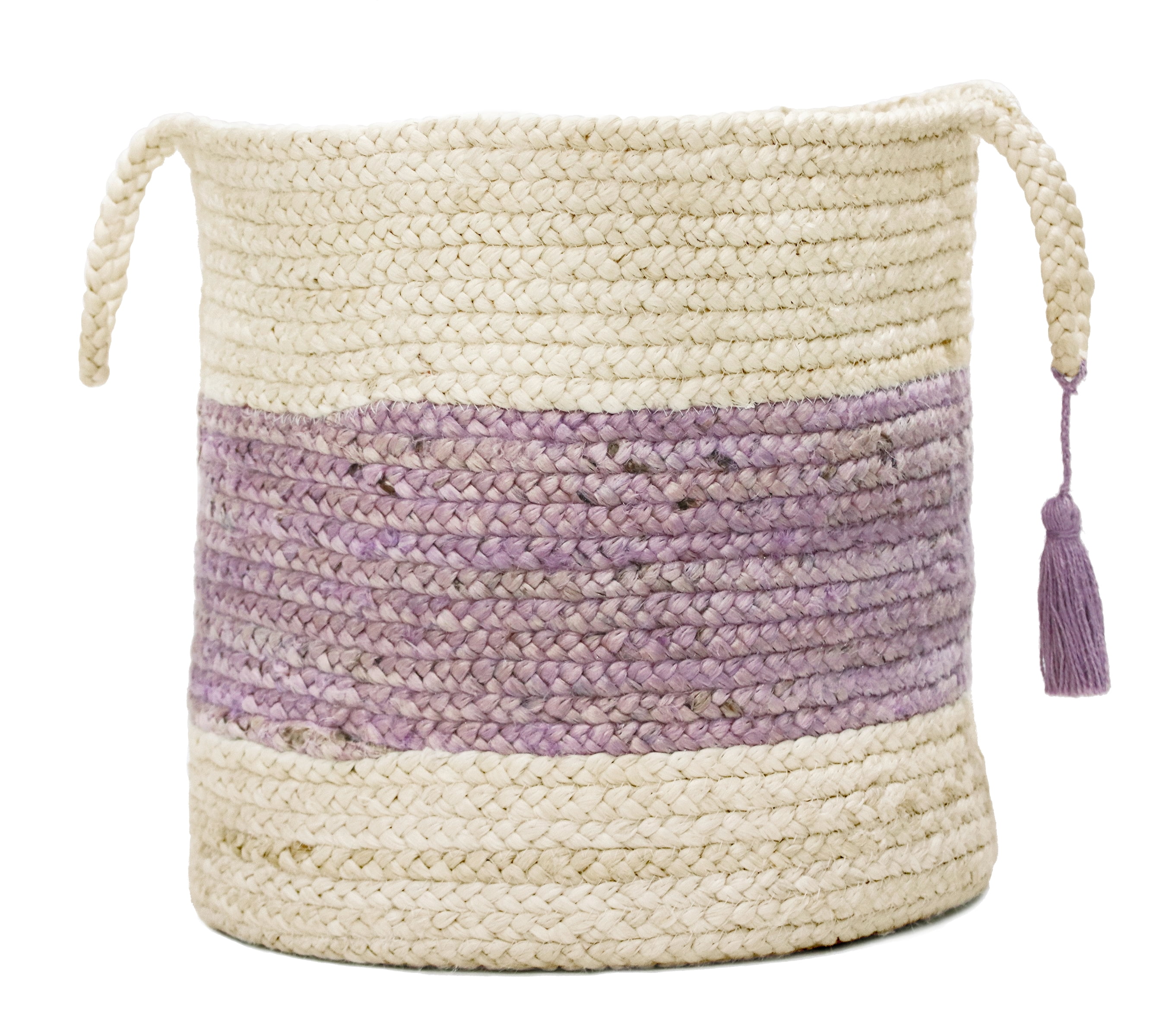 Off-White and Lilac Bold Striped 17" Jute Storage Basket