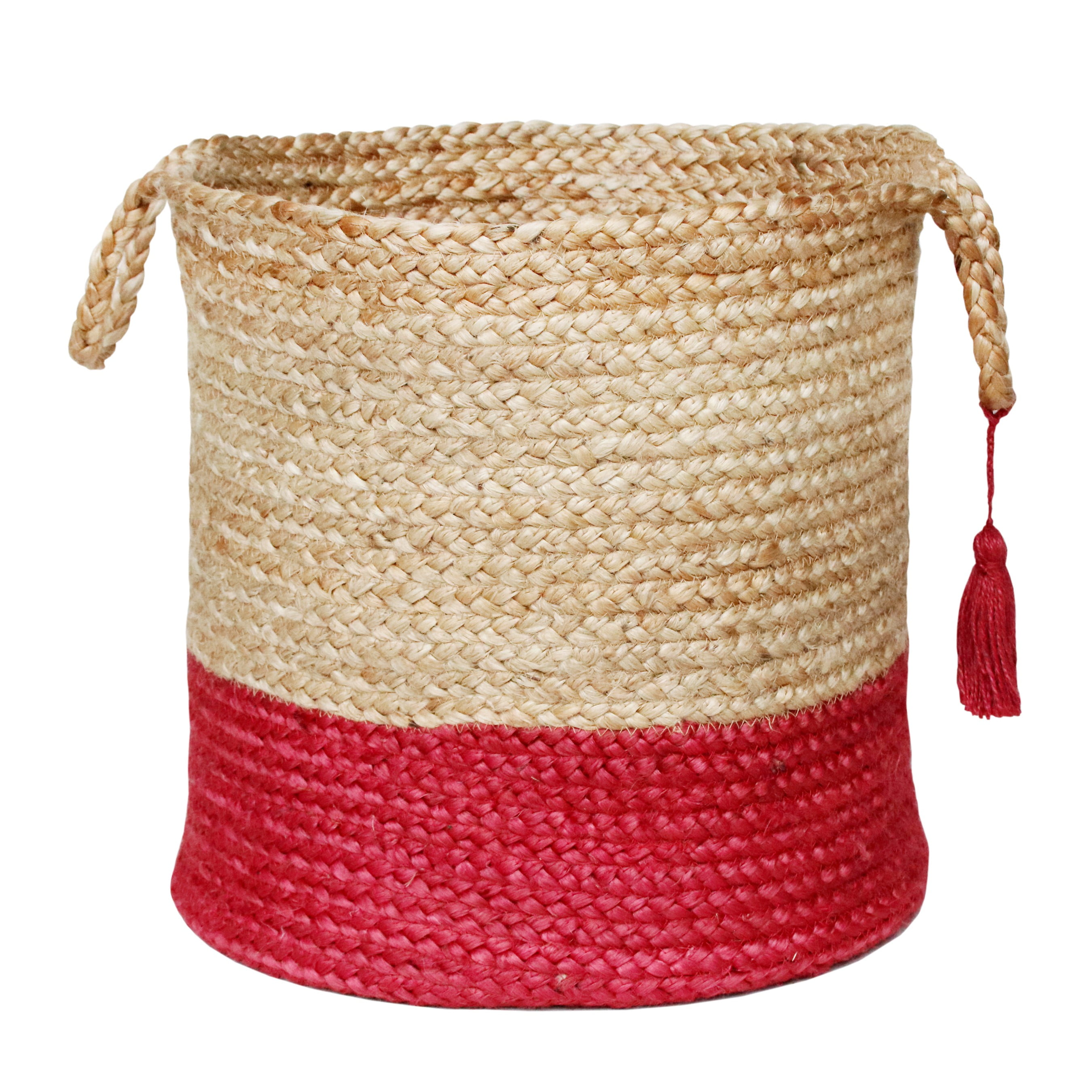 Handwoven Round Tan and Red Jute Storage Basket with Handles