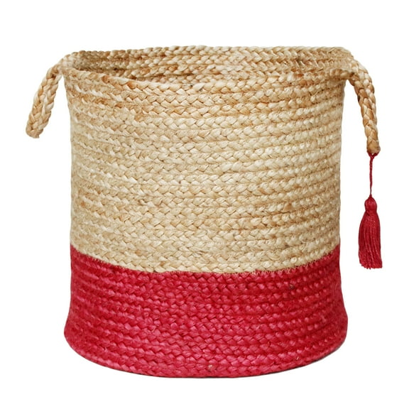 LR Home Woven Round Jute 17" Storage Basket with Handles, Red Stripe