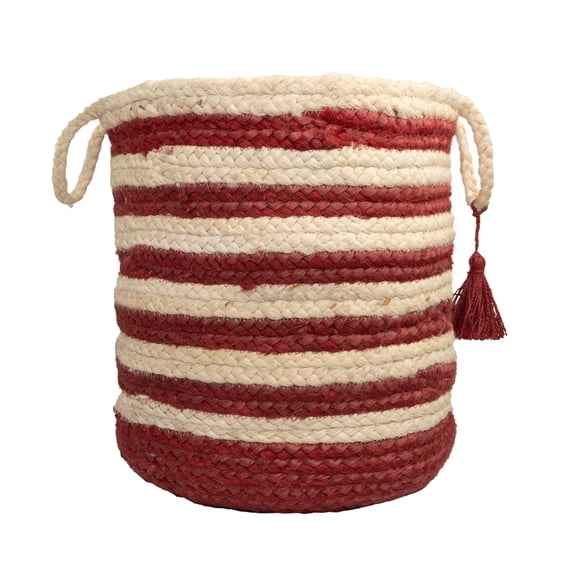 LR Home Woven Round Jute 17" Storage Basket with Handles, Red/White Multi Stripe
