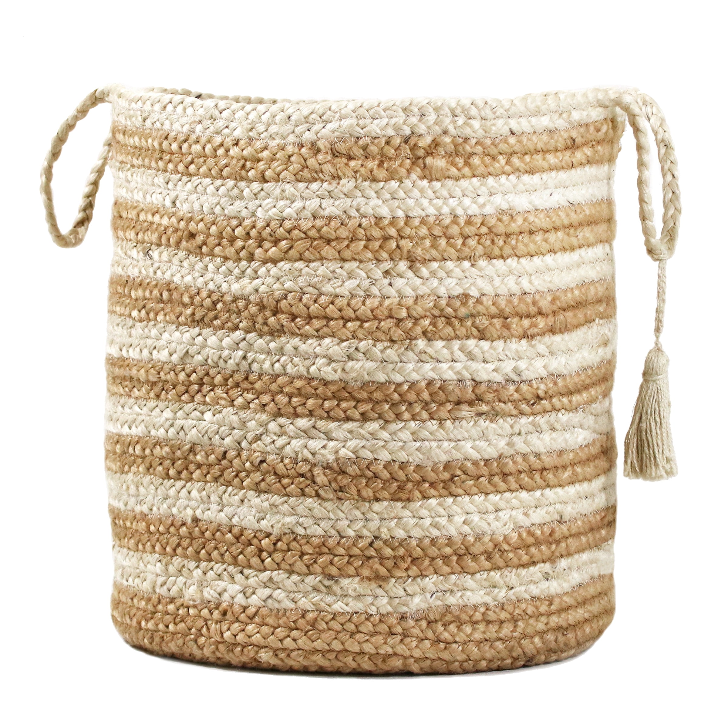 Handmade Striped Natural Jute Round Storage Basket with Handles