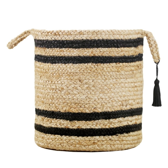 LR Home Woven Round Jute 19" Storage Basket with Handles, Black Double Stripe