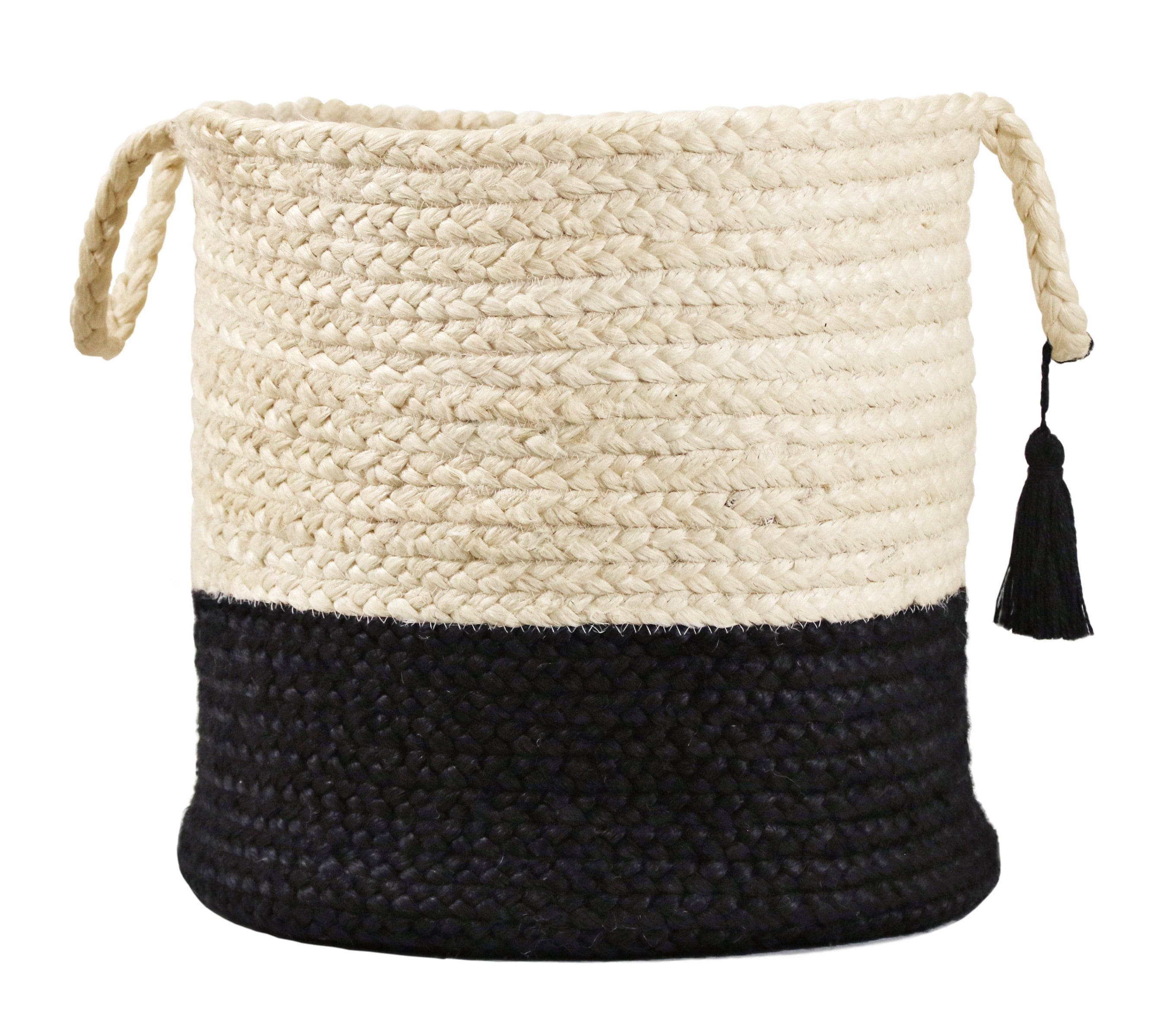LR Home Woven Round Jute 19" Storage Basket with Handles, Black/White Stripe