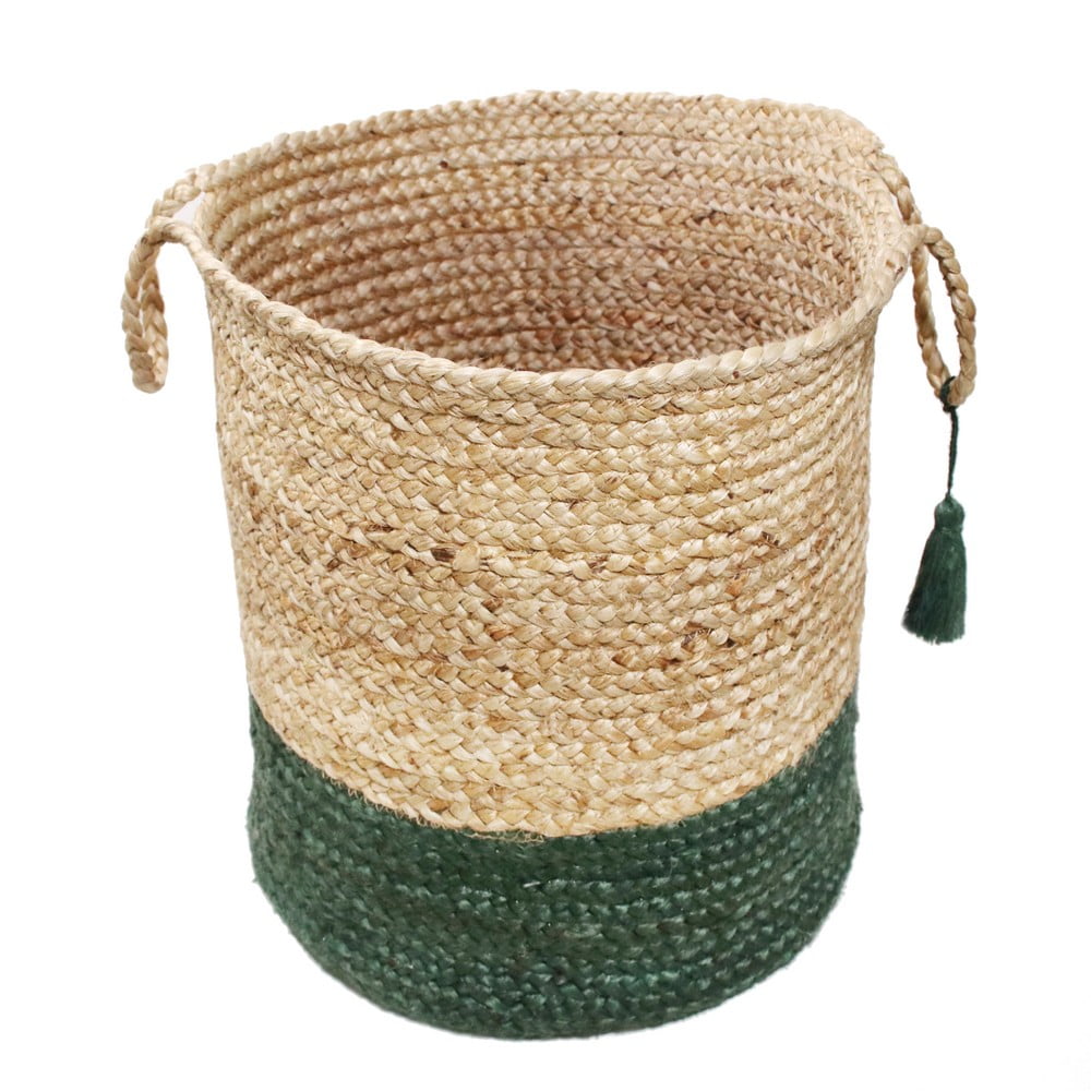 LR Home Woven Round Jute 19" Storage Basket with Handles, Green Stripe