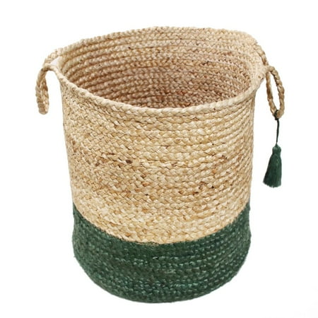LR Home Woven Round Jute 19" Storage Basket with Handles, Green Stripe