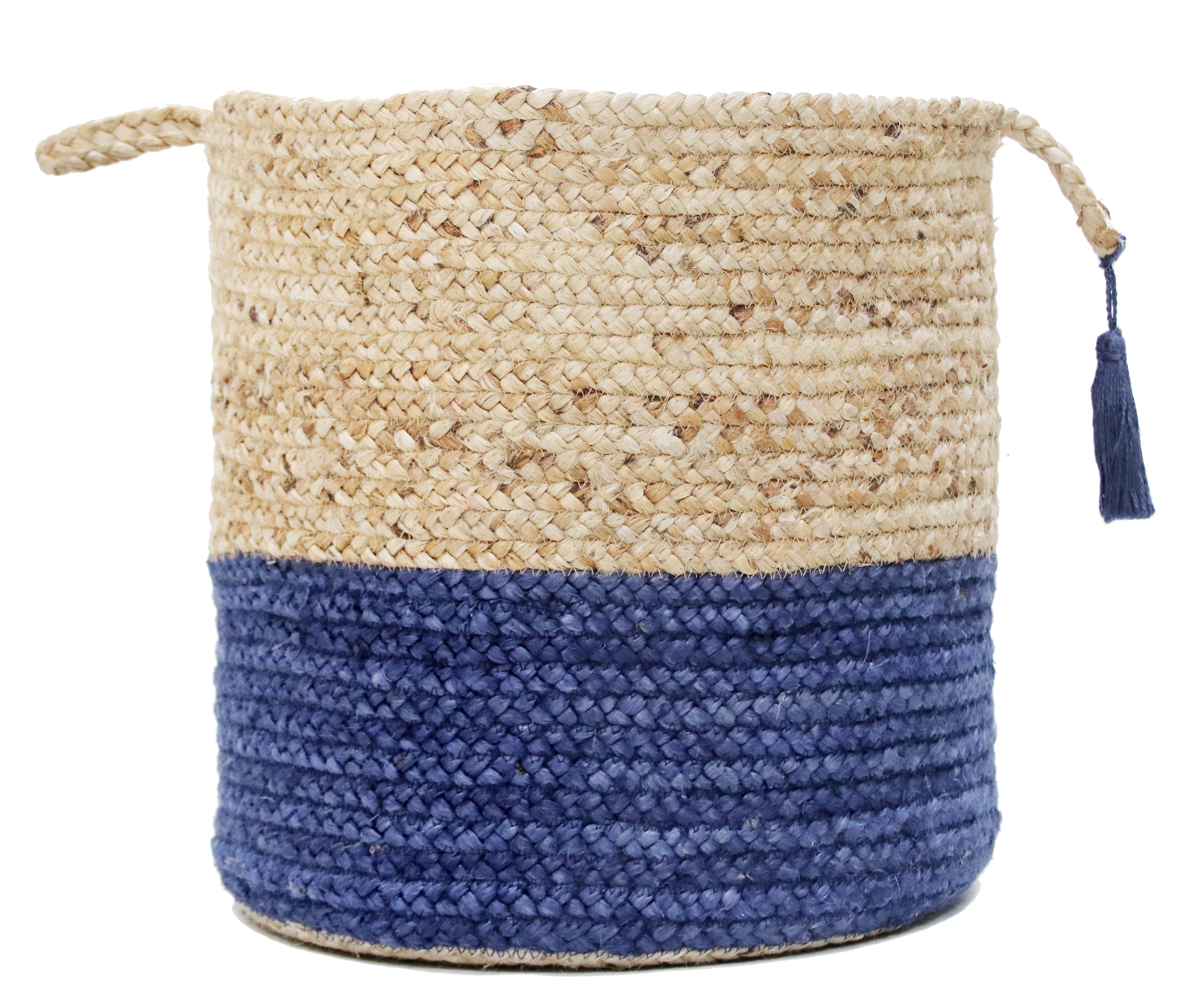 Handmade Round Tan and Sapphire Blue Jute Storage Basket with Loop Handles