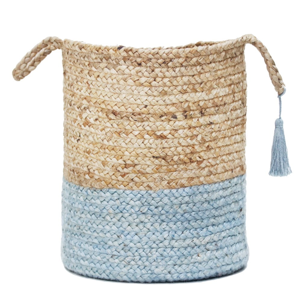 Handwoven Natural and Light Blue Jute Round Storage Basket with Handles