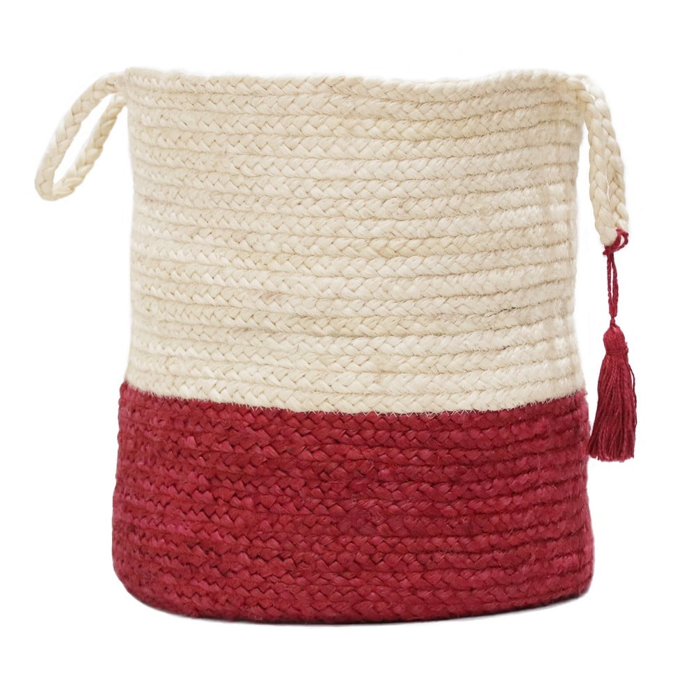 LR Home Woven Round Jute 19" Storage Basket with Handles, Red/White Stripe