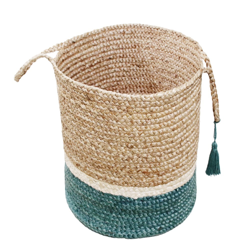 LR Home Woven Round Jute 19" Storage Basket with Handles, White/Teal Three Stripe