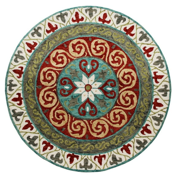 LR Home Wren 5' Round Green/Red Bordered Medallion Indoor Area Rug