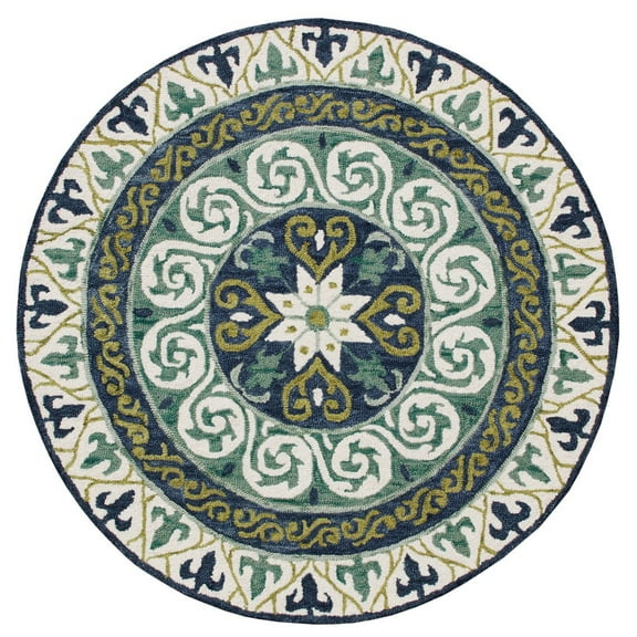LR Home Wren 7' Round Green/Blue Bordered Medallion Indoor Area Rug