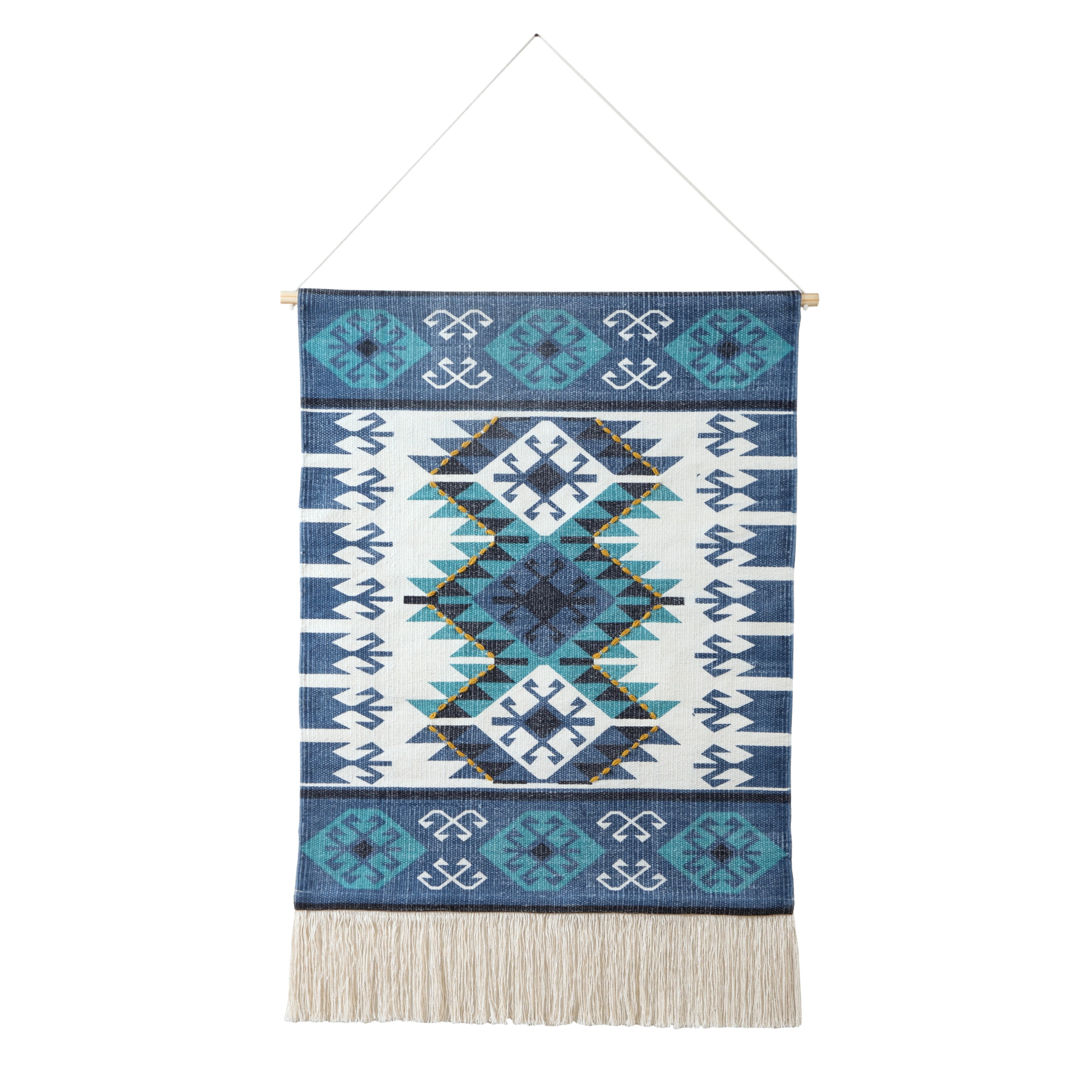 LR Home Xavi Blue/White Boho Aztec Fringe Wall Hanging, 4' Length